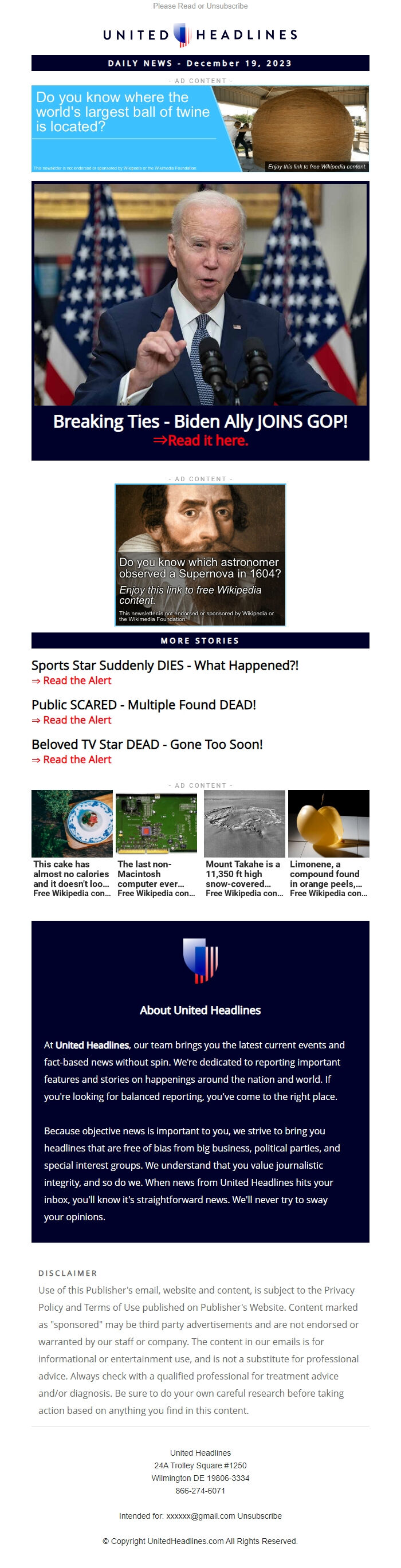 Screenshot of the email generated on import