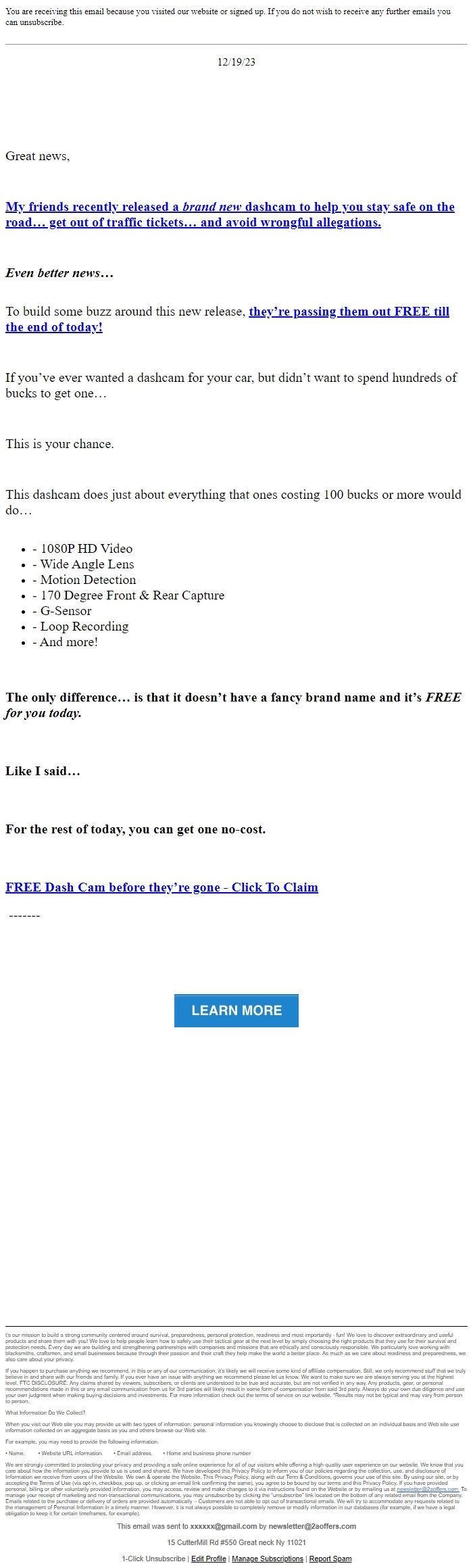 Screenshot of the email generated on import