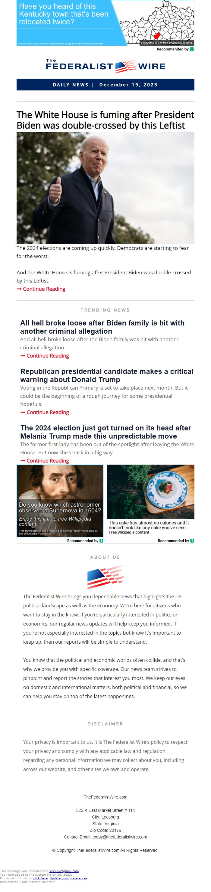 Screenshot of the email generated on import