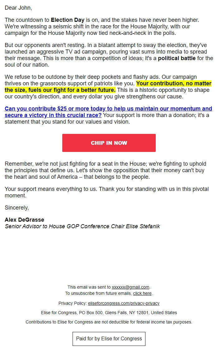 Screenshot of the email generated on import