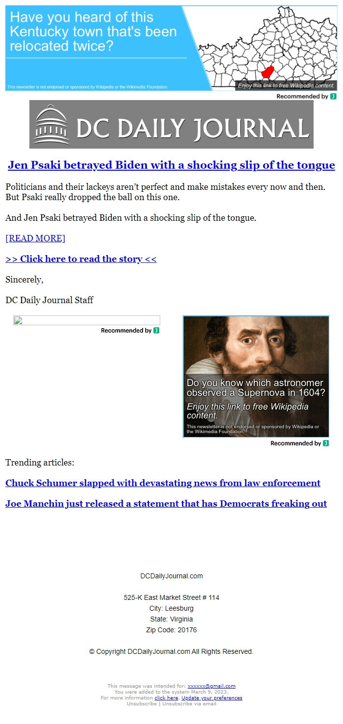 Screenshot of the email generated on import