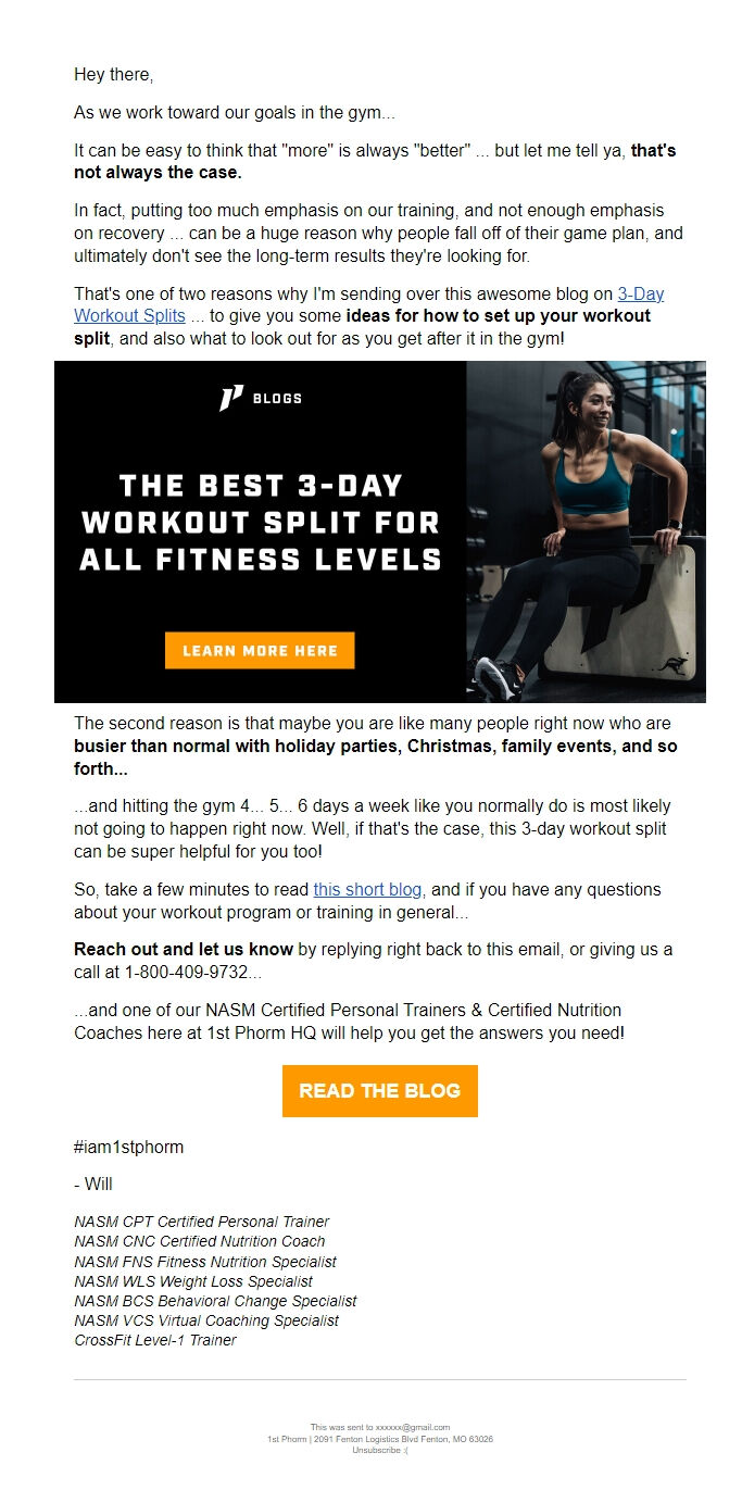 Screenshot of the email generated on import