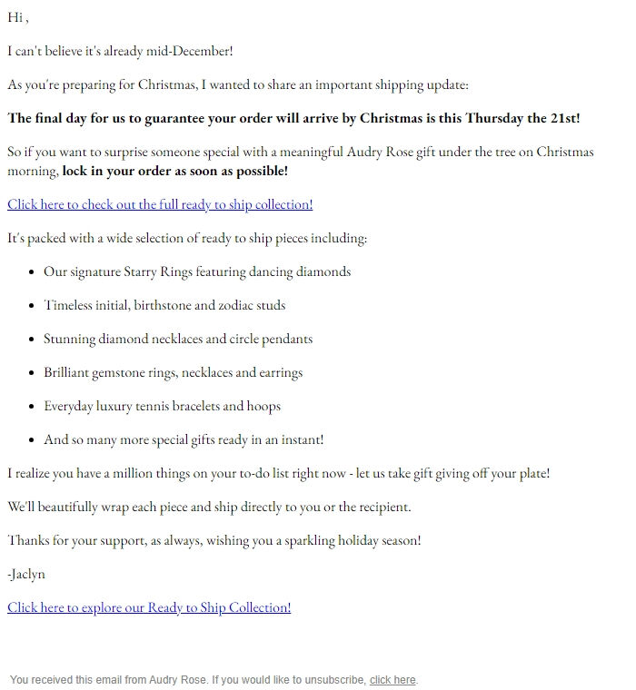 Screenshot of the email generated on import