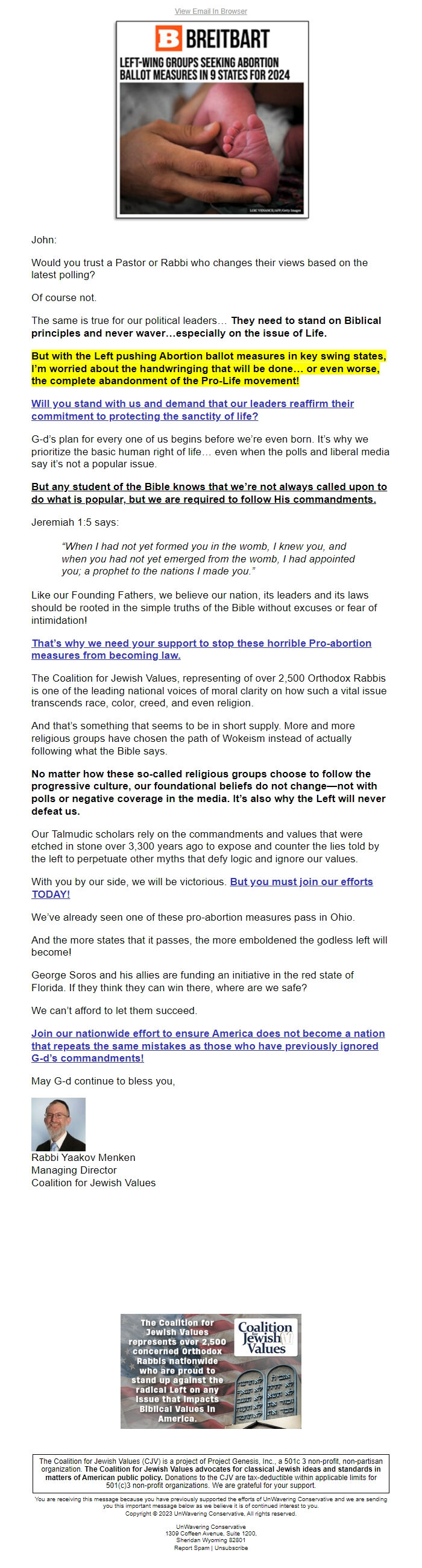 Screenshot of the email generated on import