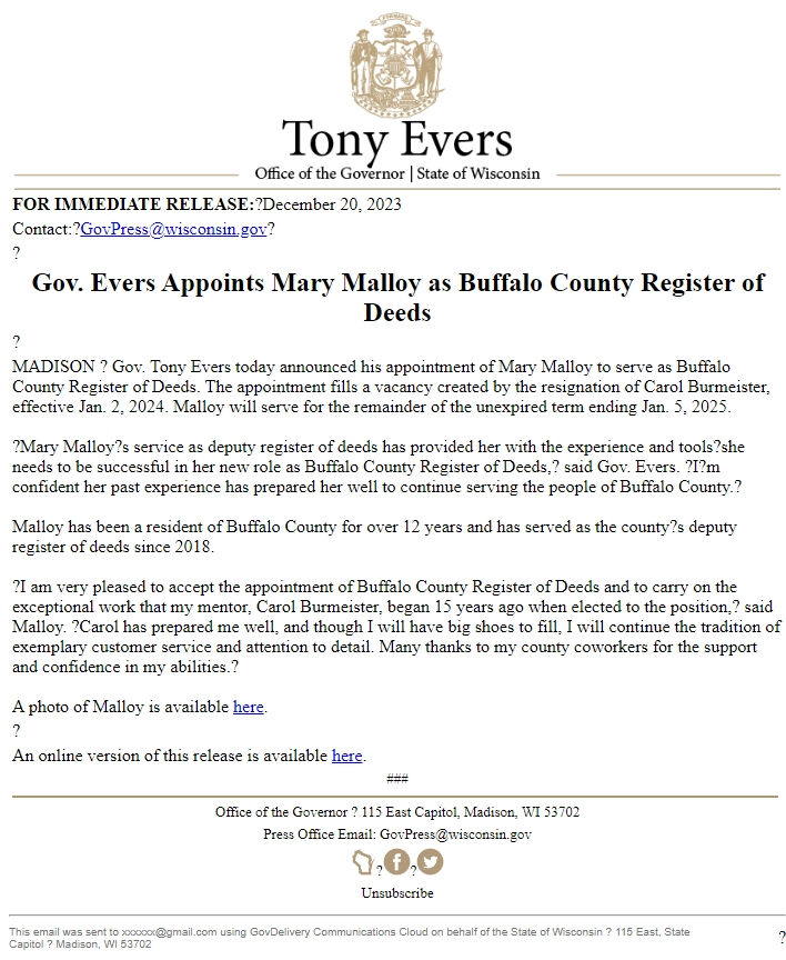 Screenshot of the email generated on import