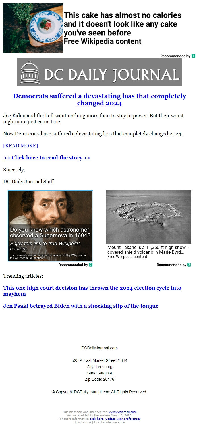 Screenshot of the email generated on import