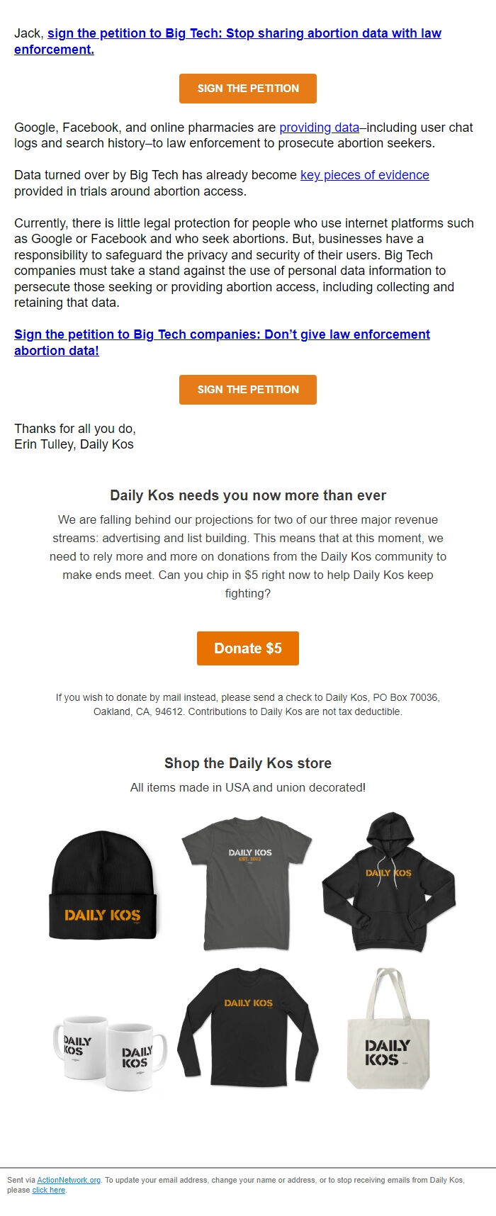 Screenshot of the email generated on import