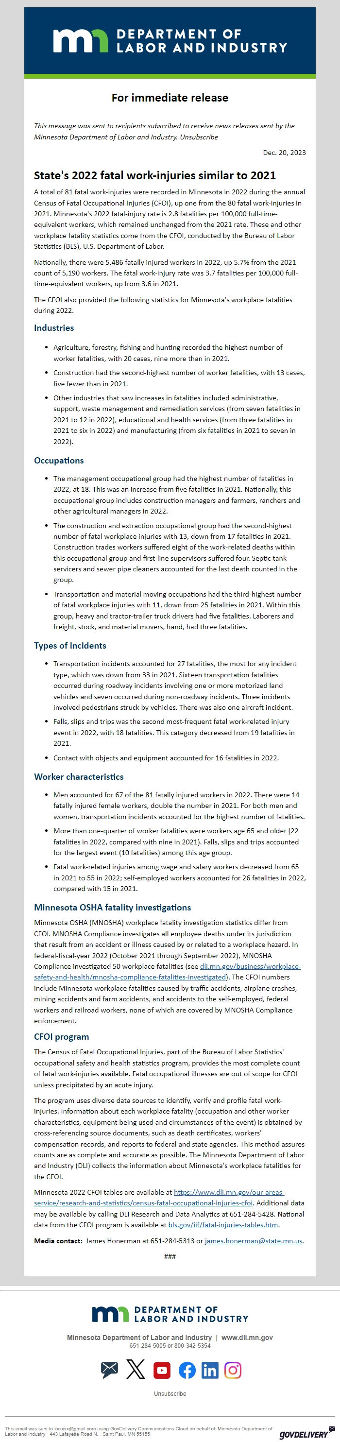 Screenshot of the email generated on import