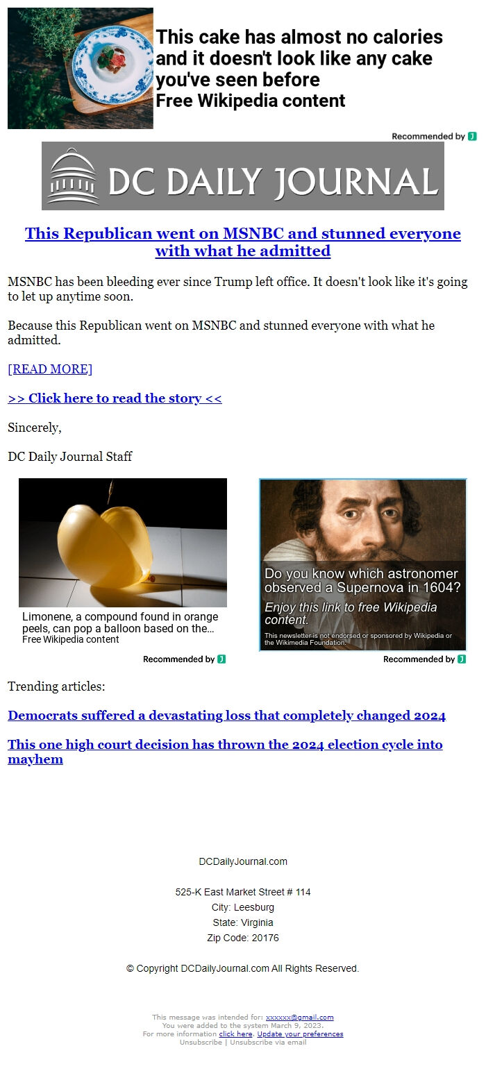 Screenshot of the email generated on import