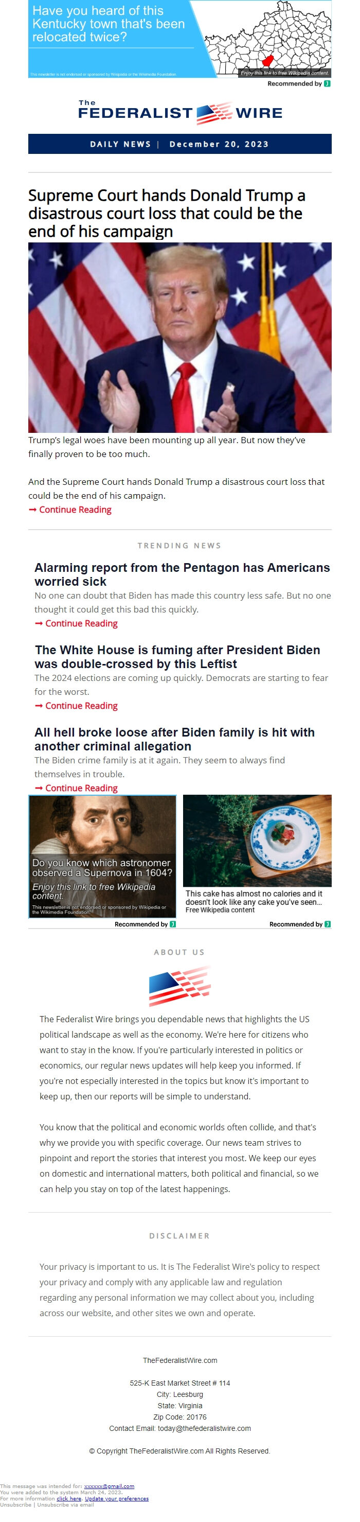 Screenshot of the email generated on import