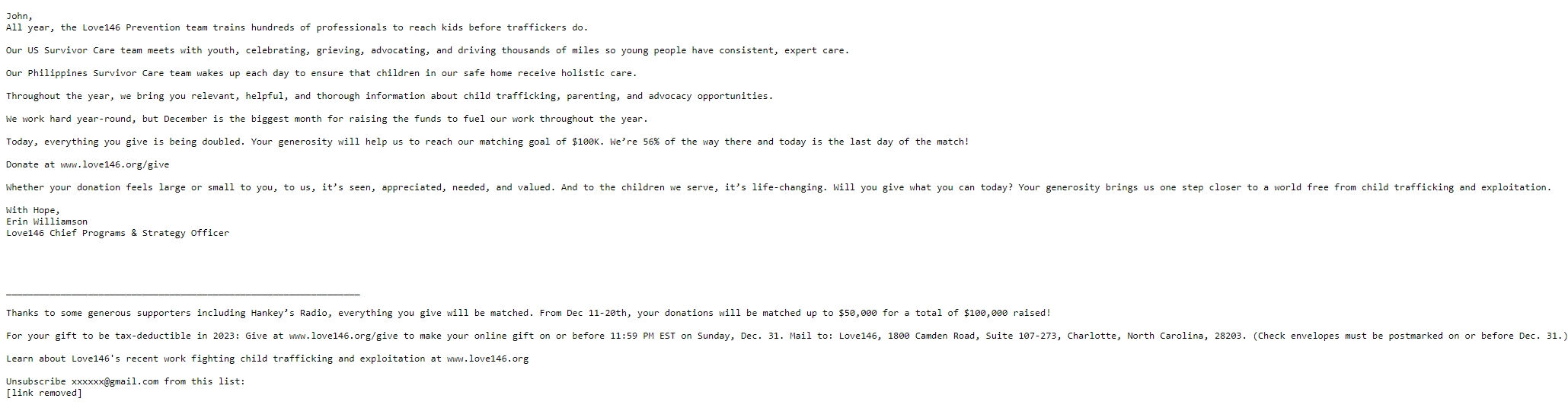 Screenshot of the email generated on import