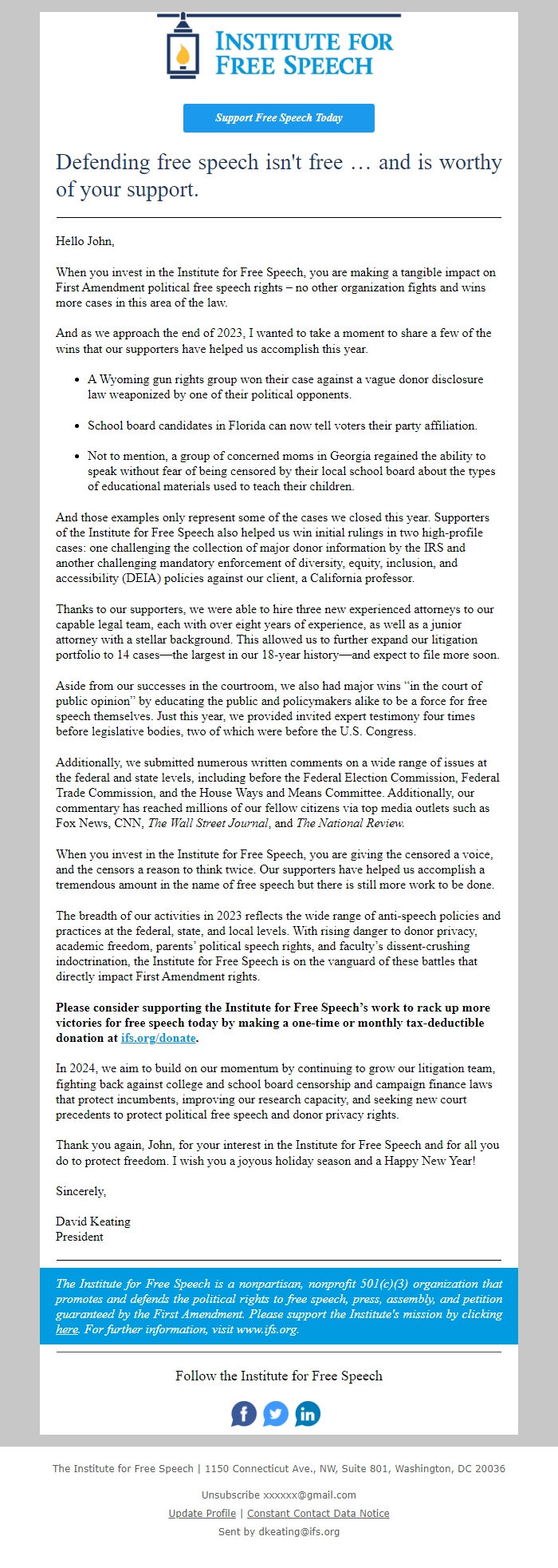 Screenshot of the email generated on import