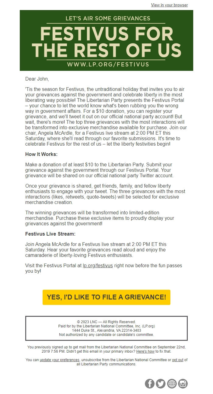 Screenshot of the email generated on import