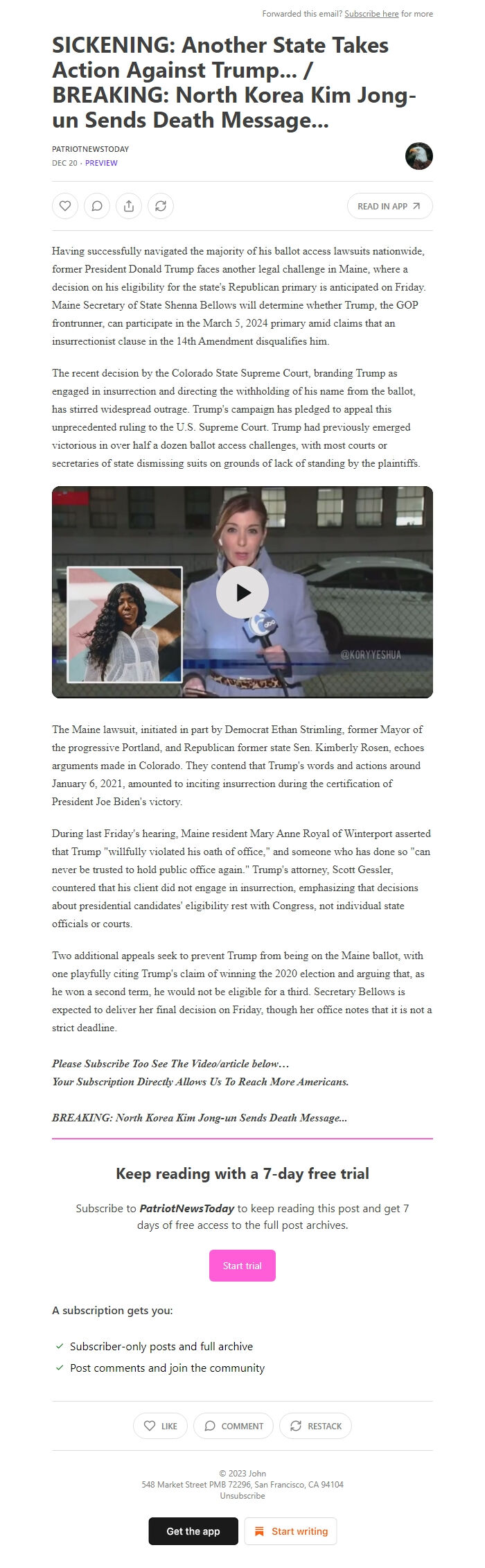 Screenshot of the email generated on import