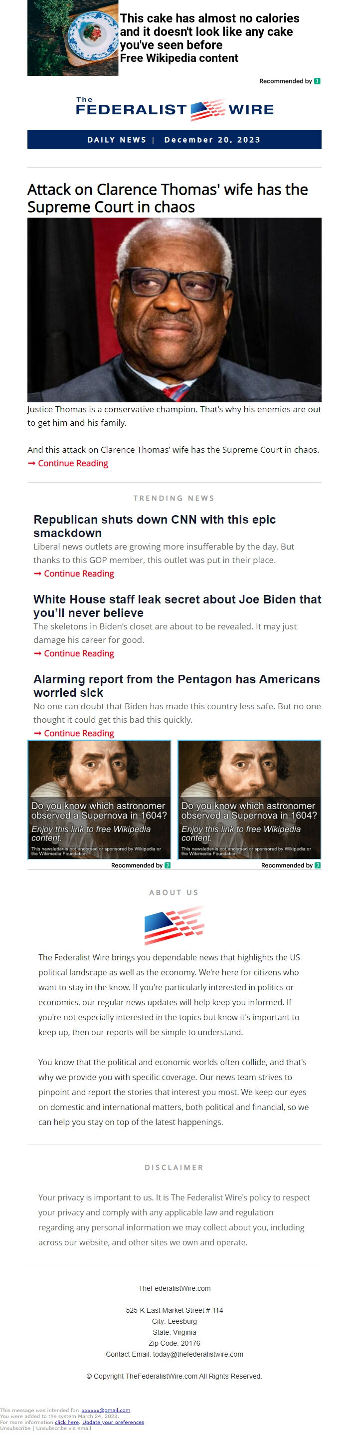 Screenshot of the email generated on import