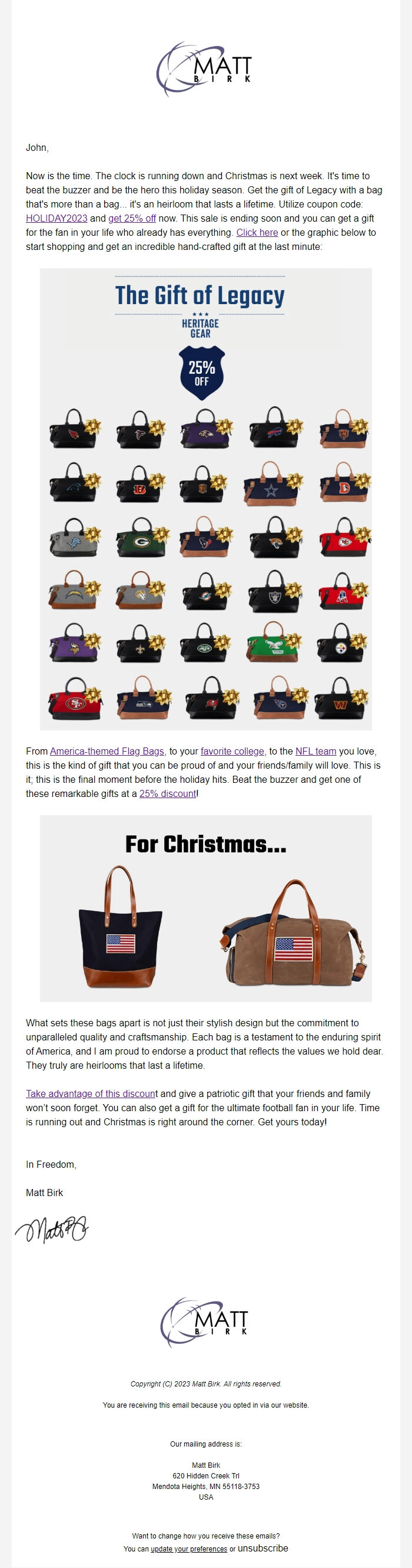 Screenshot of the email generated on import