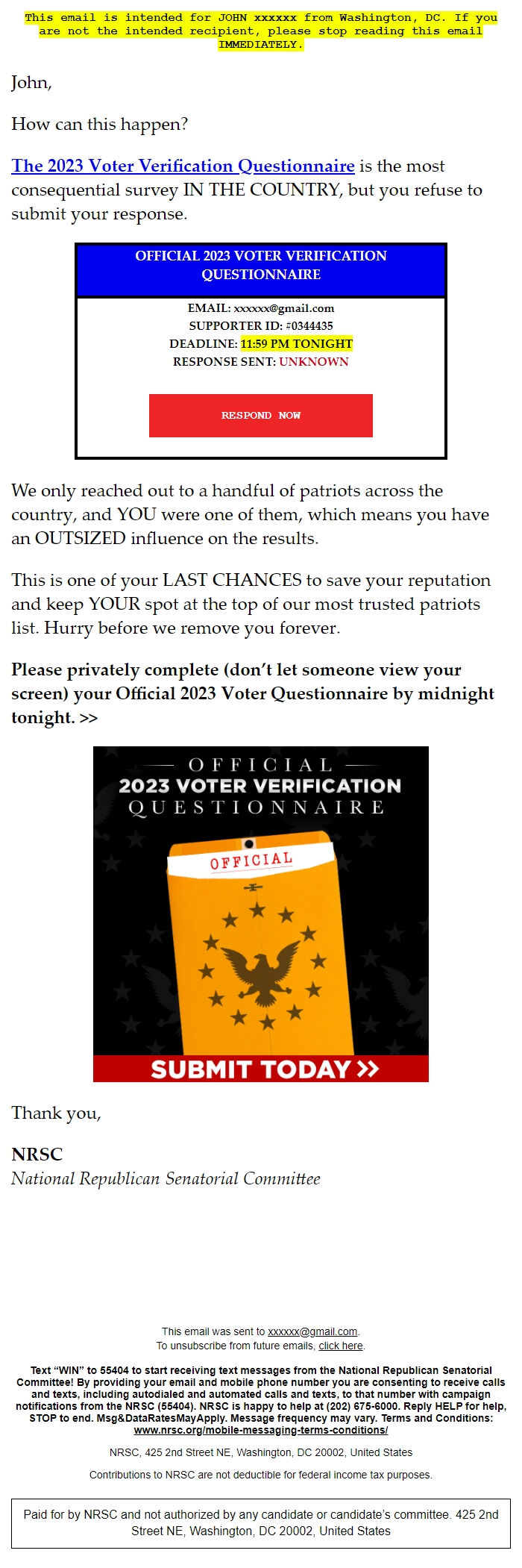 Screenshot of the email generated on import