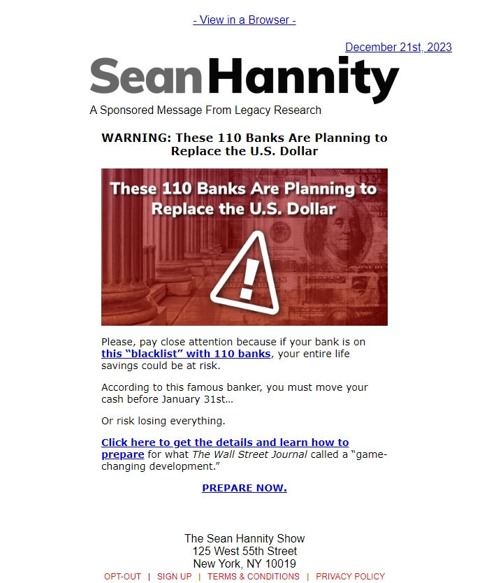 Screenshot of the email generated on import