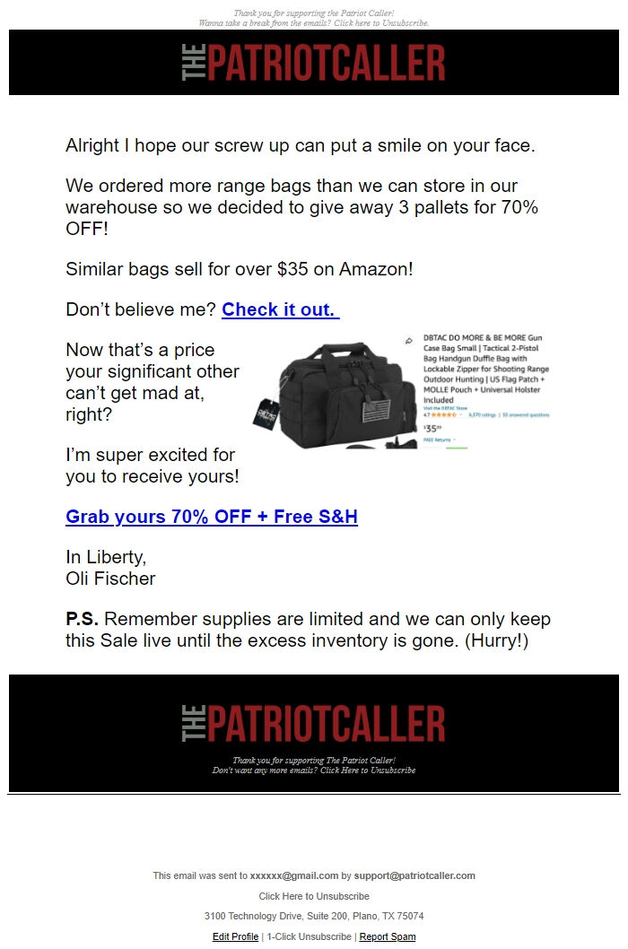 Screenshot of the email generated on import