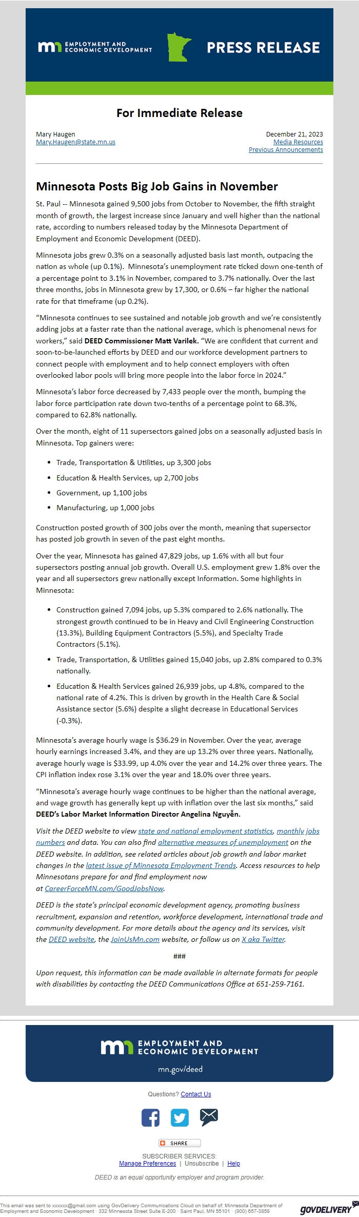 Screenshot of the email generated on import