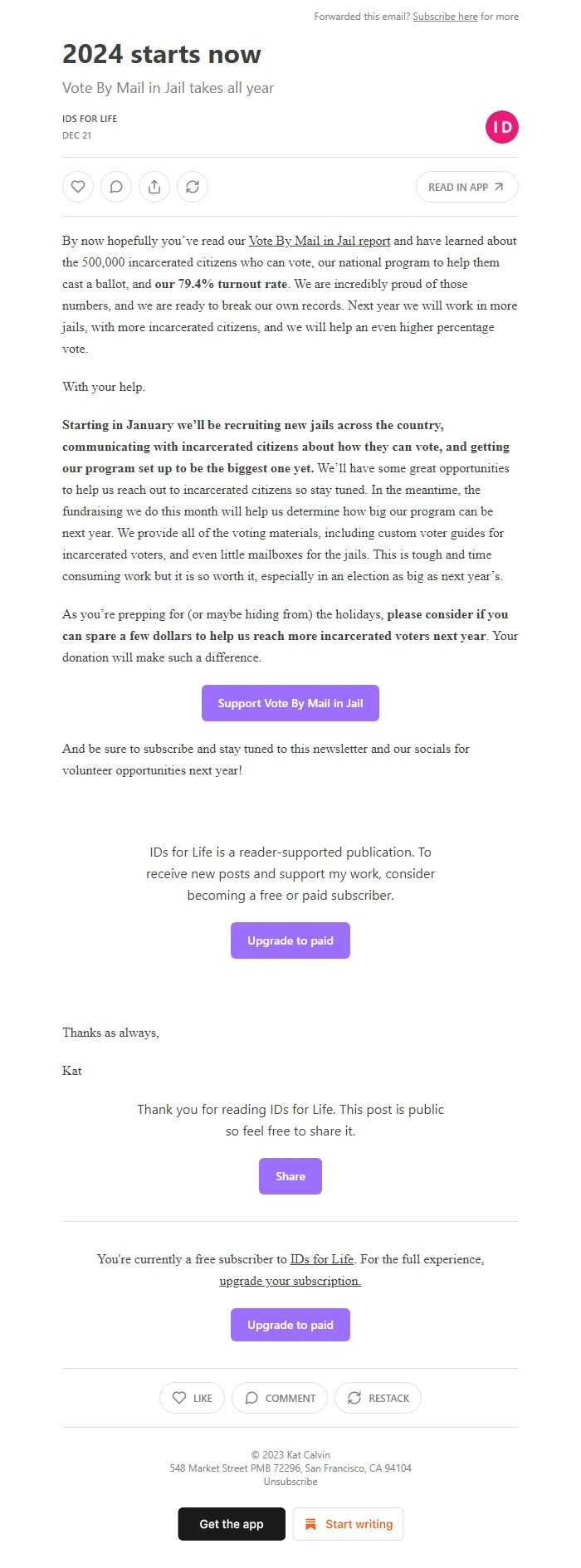 Screenshot of the email generated on import