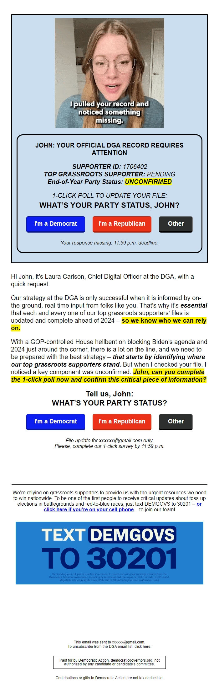 Screenshot of the email generated on import