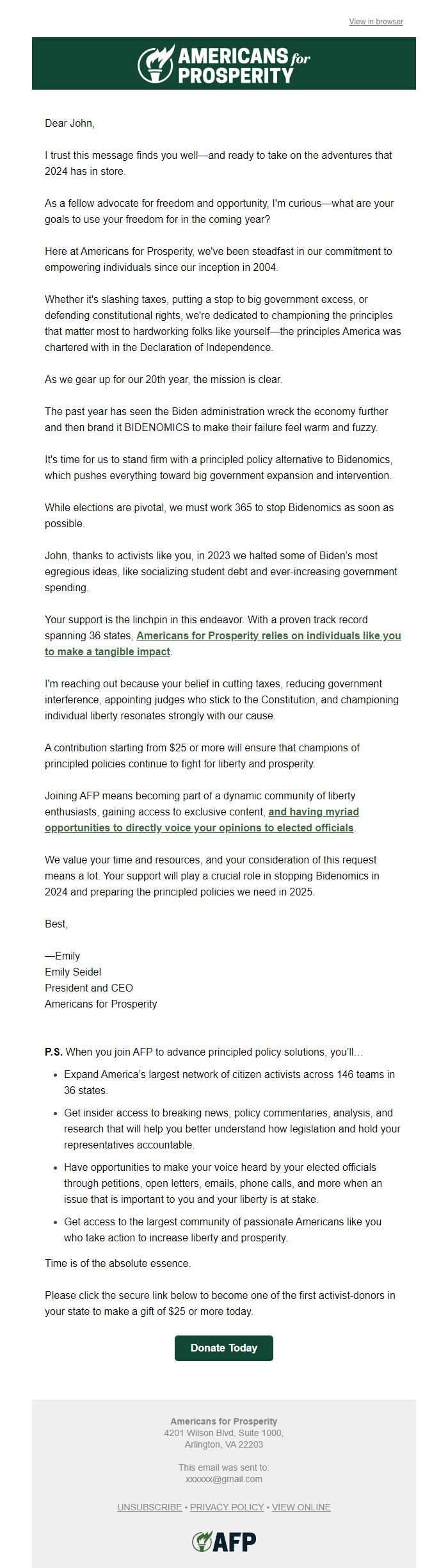 Screenshot of the email generated on import