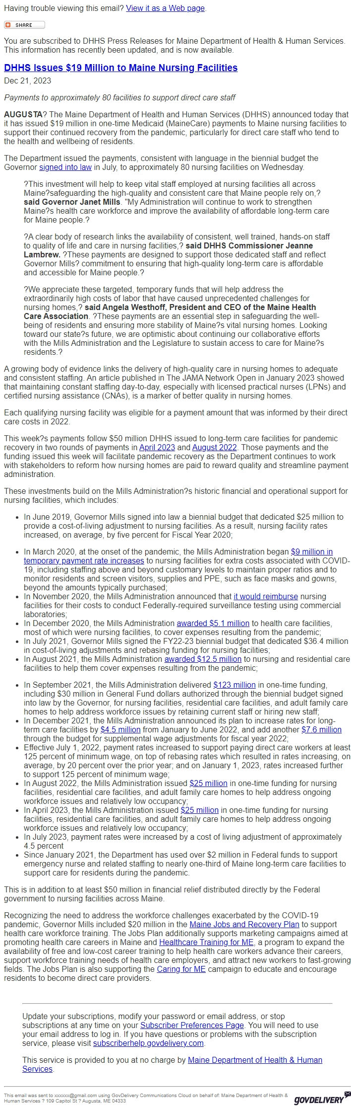 Screenshot of the email generated on import