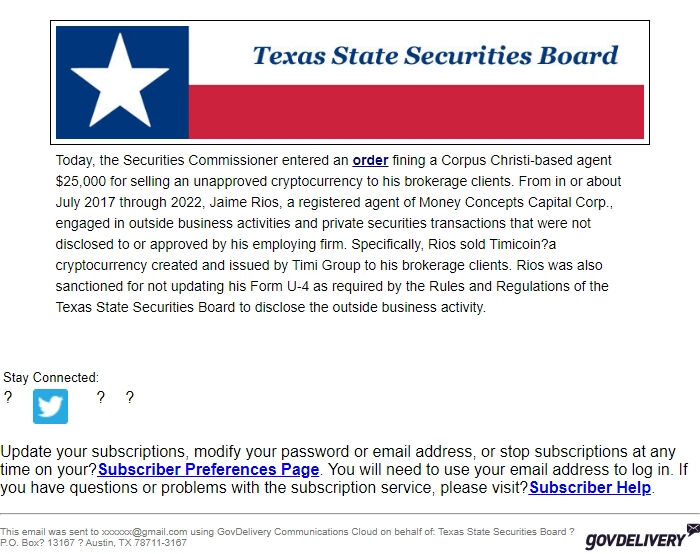 Screenshot of the email generated on import