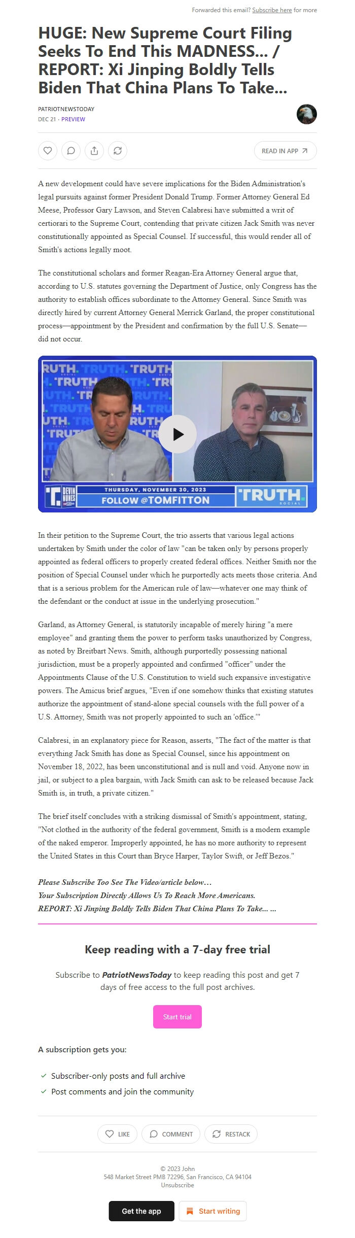 Screenshot of the email generated on import