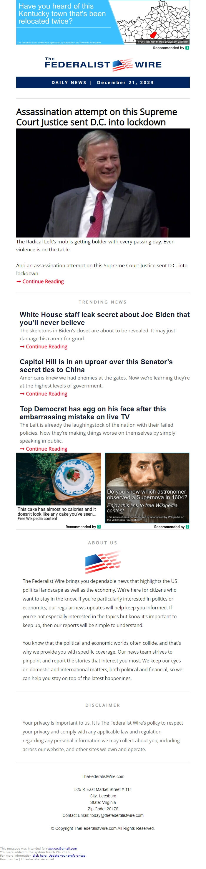 Screenshot of the email generated on import