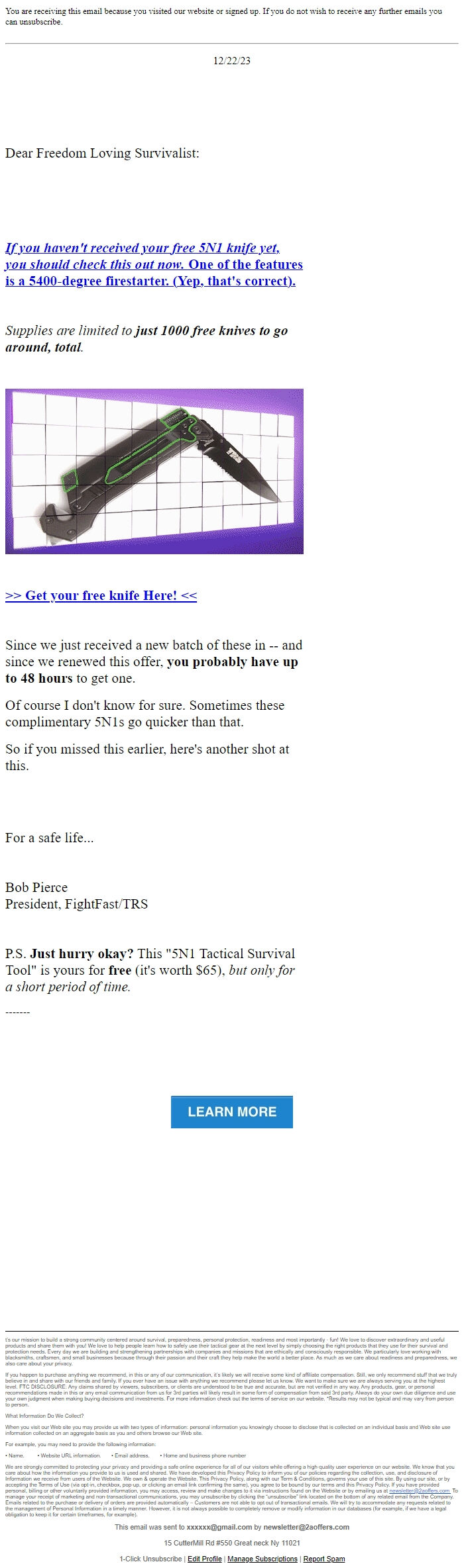 Screenshot of the email generated on import