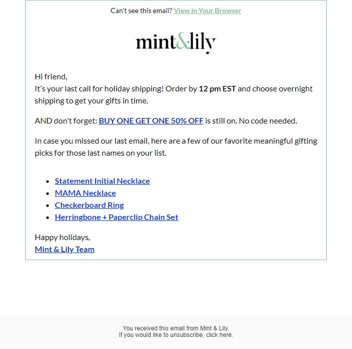 Screenshot of the email generated on import