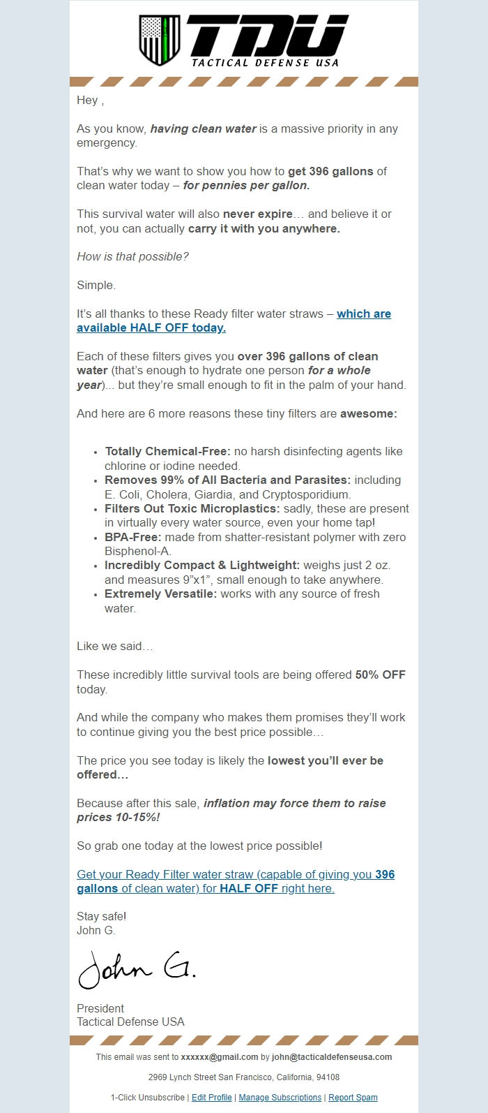 Screenshot of the email generated on import