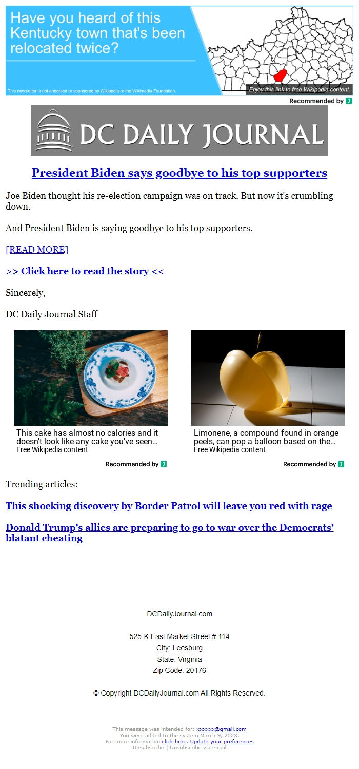 Screenshot of the email generated on import