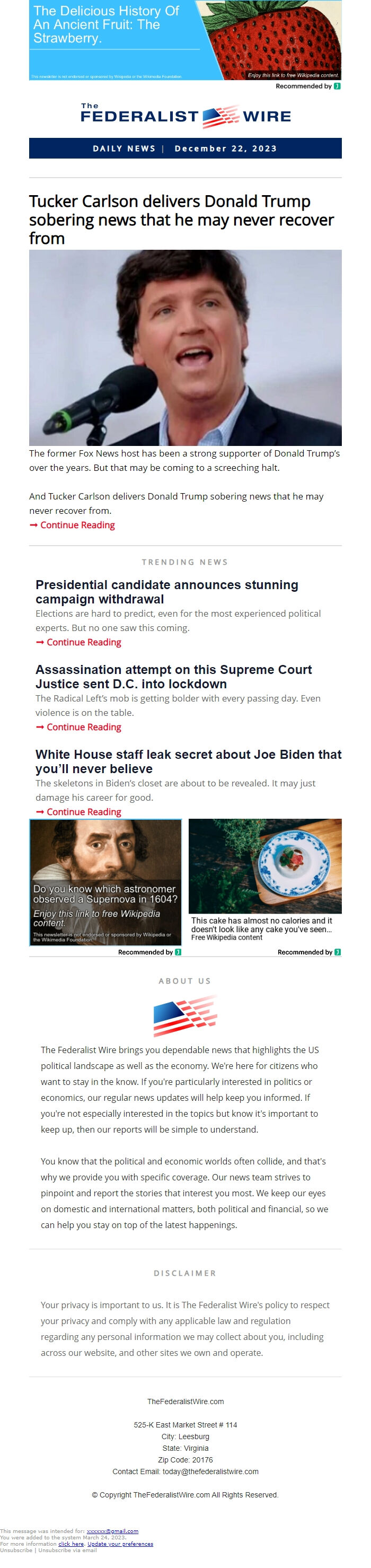 Screenshot of the email generated on import