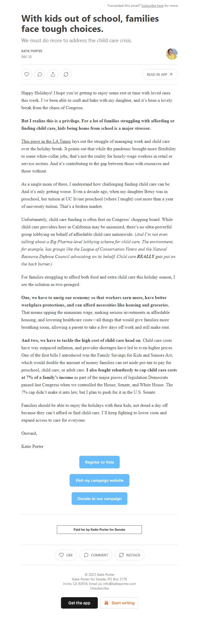 Screenshot of the email generated on import