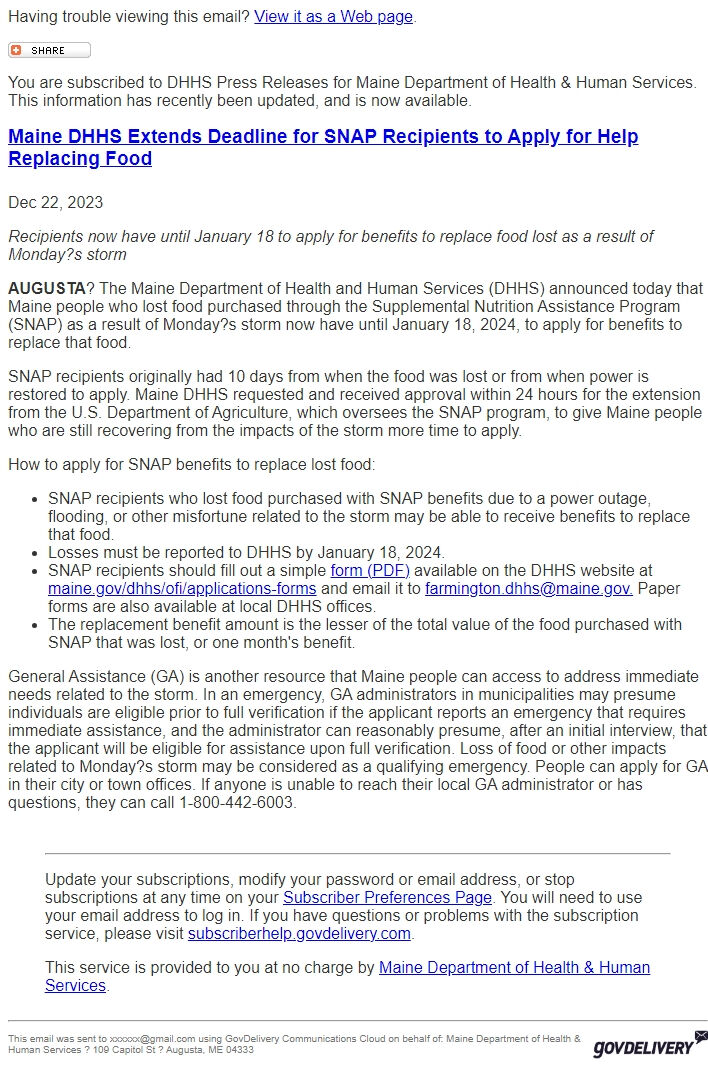 Screenshot of the email generated on import