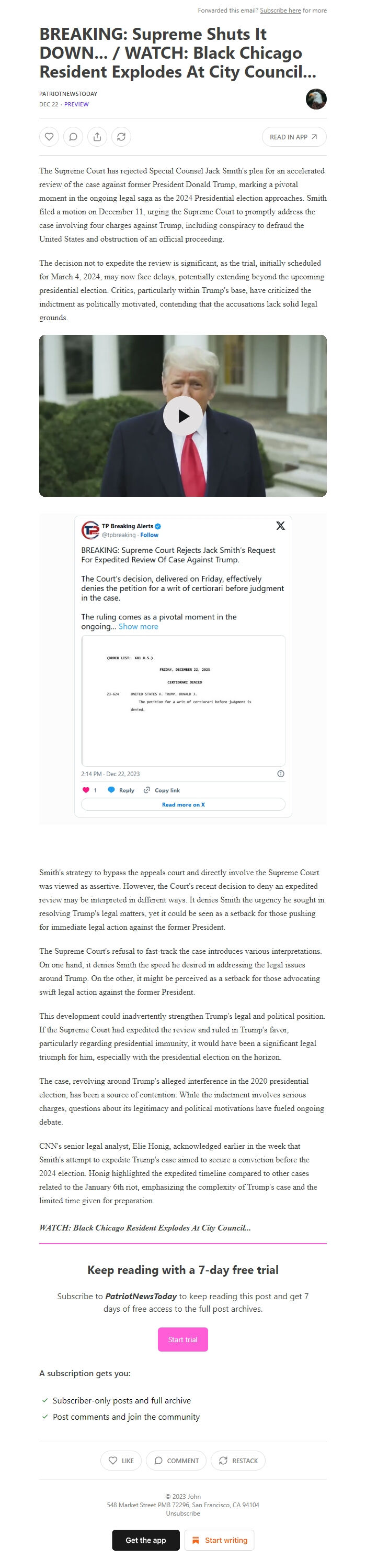 Screenshot of the email generated on import