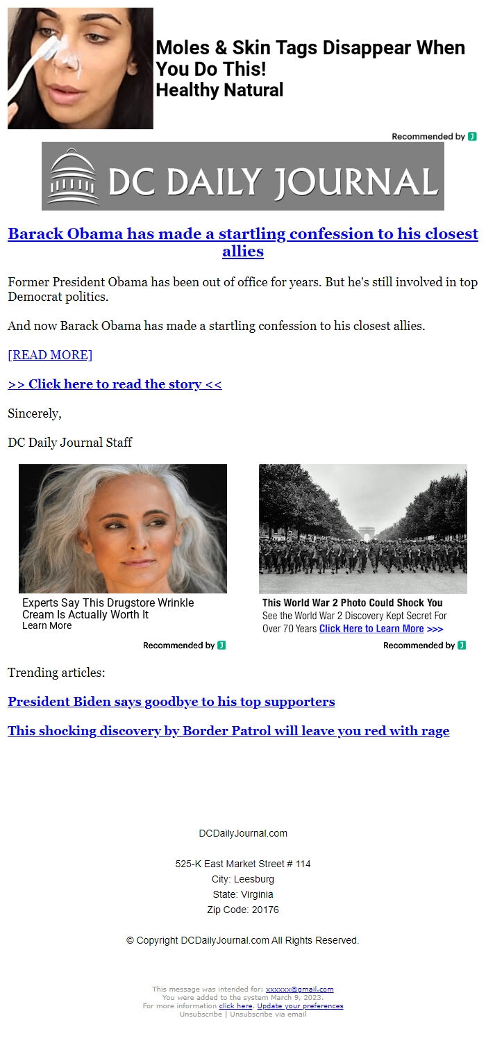 Screenshot of the email generated on import