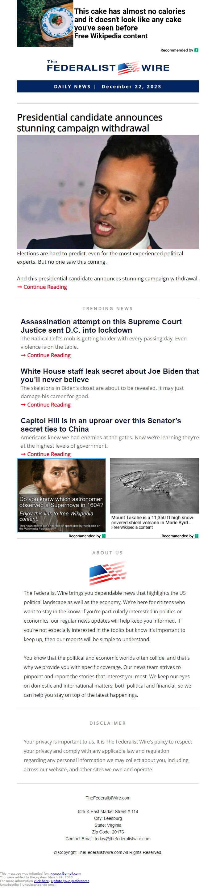 Screenshot of the email generated on import