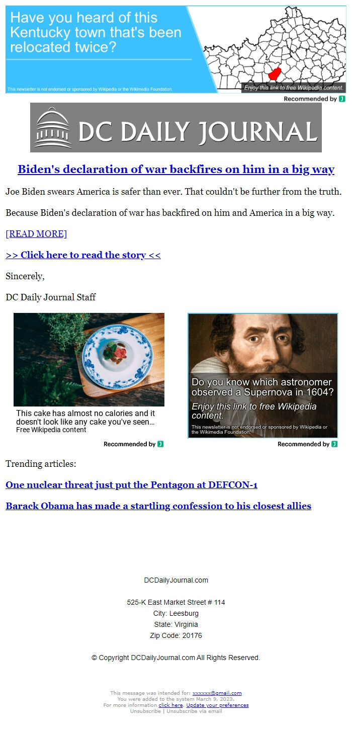 Screenshot of the email generated on import