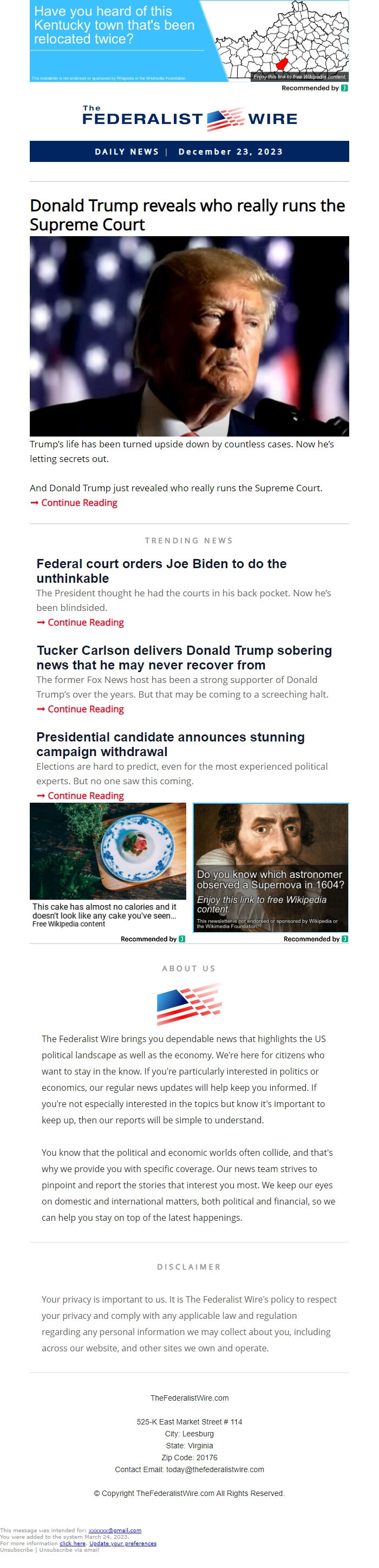 Screenshot of the email generated on import