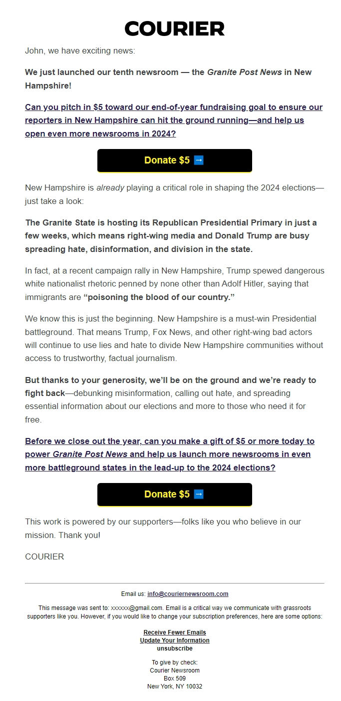 Screenshot of the email generated on import