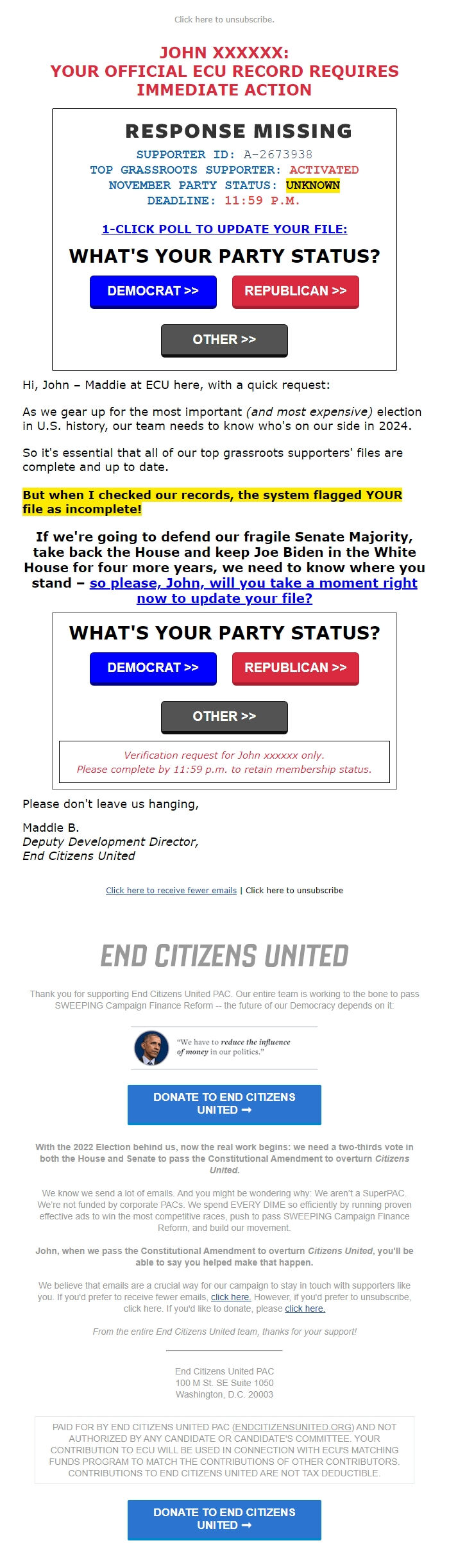 Screenshot of the email generated on import