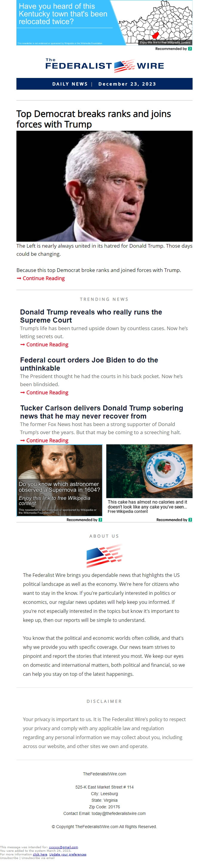 Screenshot of the email generated on import