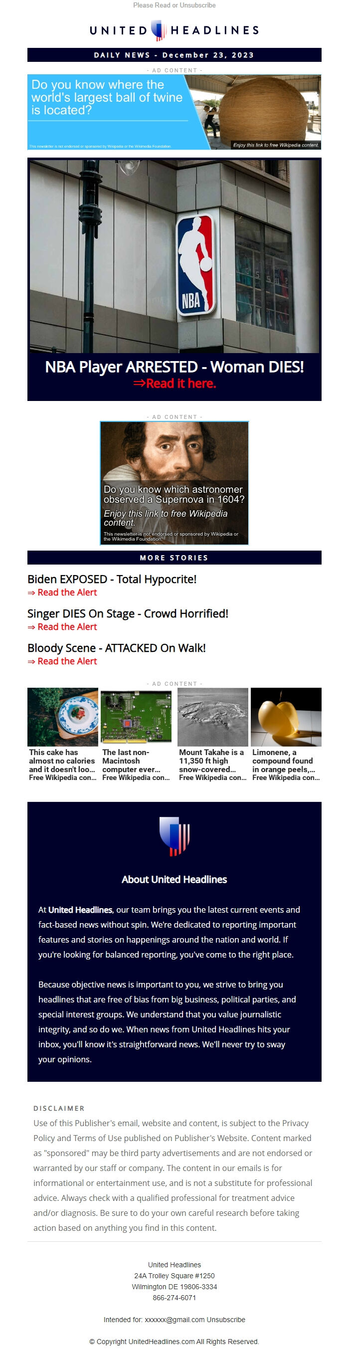 Screenshot of the email generated on import