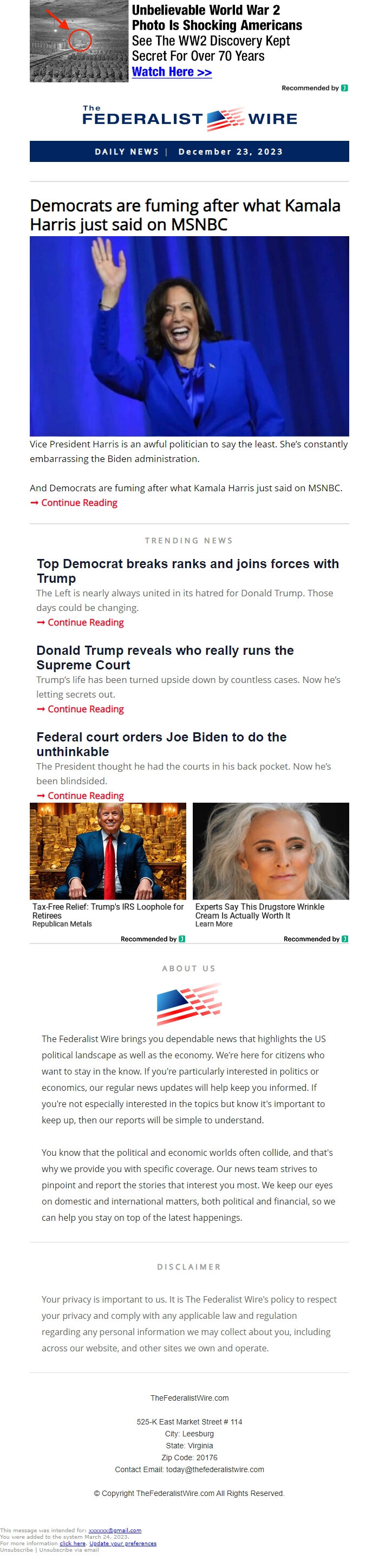 Screenshot of the email generated on import