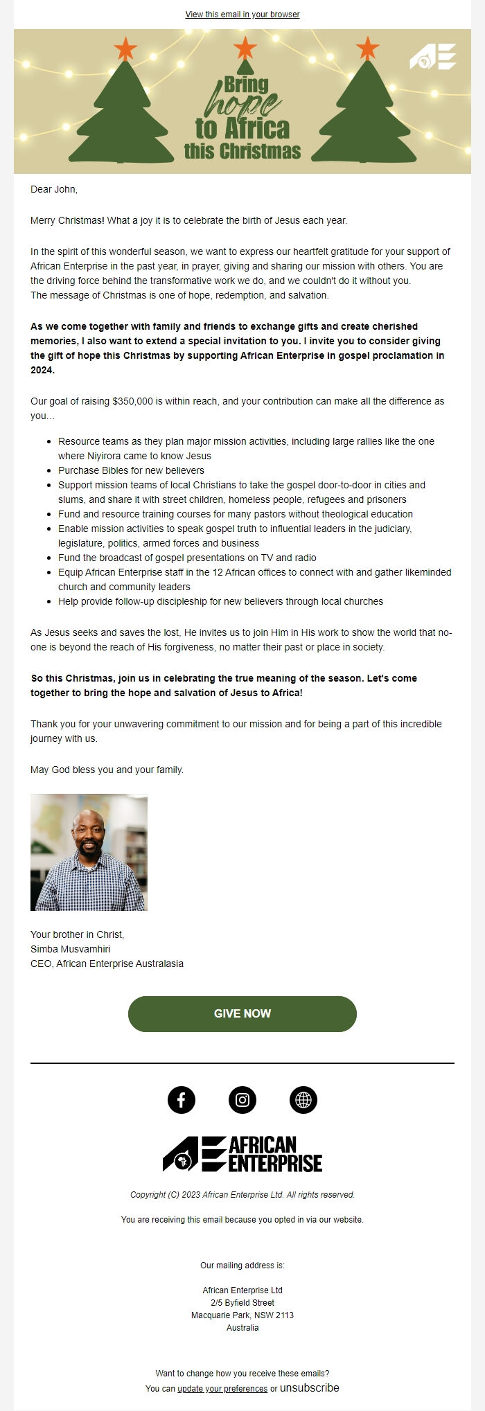 Screenshot of the email generated on import