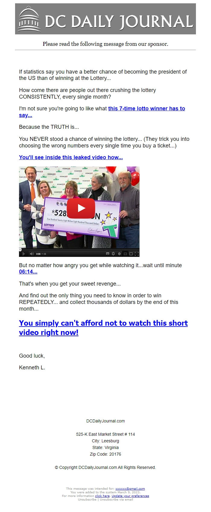 Screenshot of the email generated on import